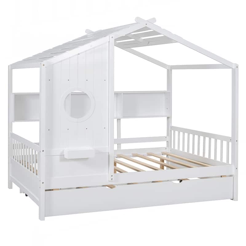 Wooden Full Size House Bed With Trundle, Modern Design for Kids with Storage Shlef