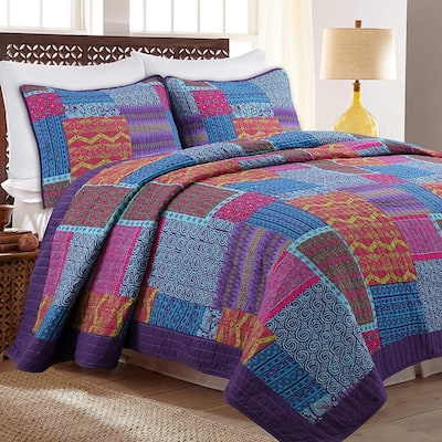 Cozy Line Aldiana 3-Piece Purple Patchwork Reversible Cotton Quilt Bedding Set