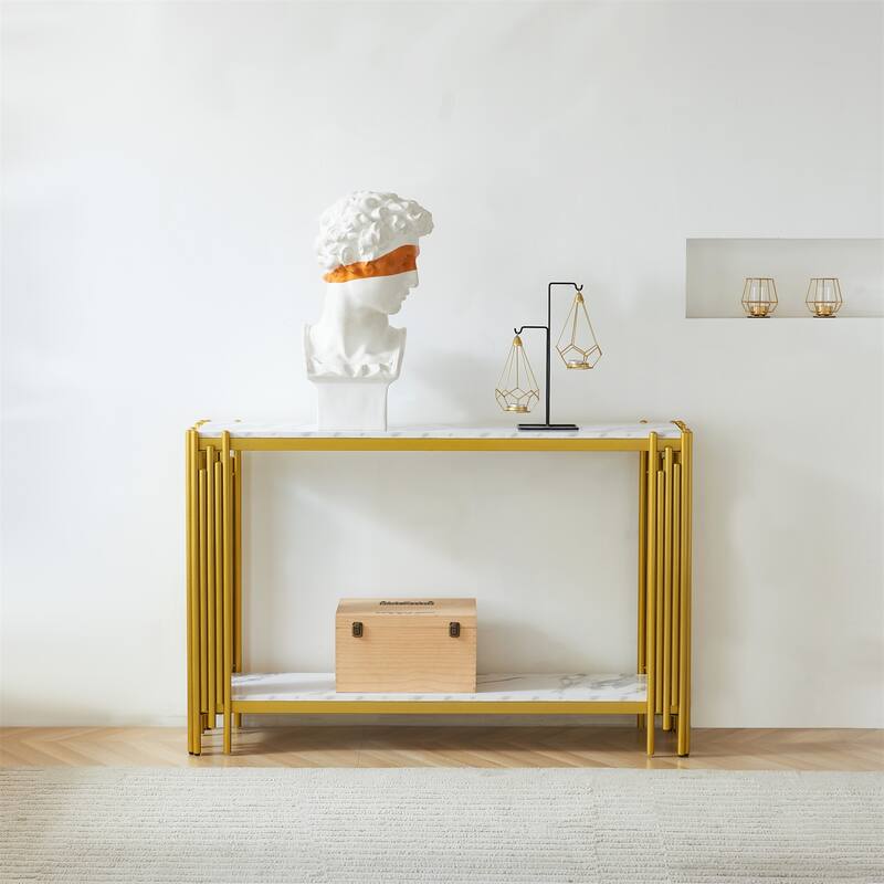 2 Tier Faux Marbling Console Table, Entryway Table w/ Adjustable Feet - Gold