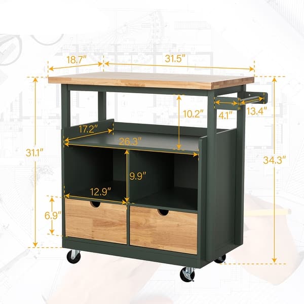 Portable Kitchen Cart Wood Top Kitchen Trolley with Drawers Bed Bath