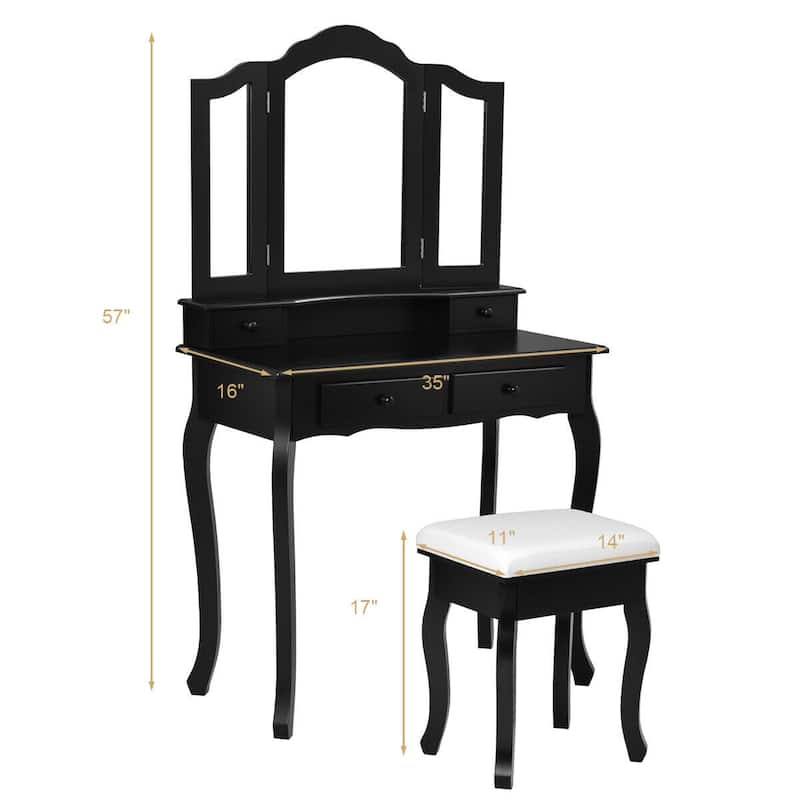 Gymax Vanity Jewelry Makeup Dressing Table Stool Folding Mirror Black
