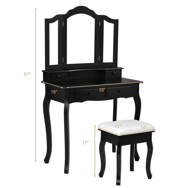 Gymax Bedroom Vanity Jewelry Makeup Dressing Table Set Folding Mirror - See Details