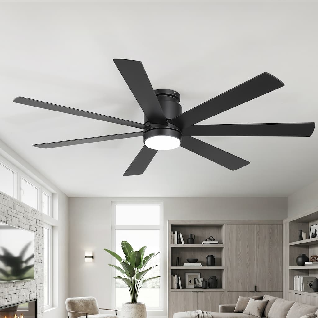 42 in/60 in Low Profile Flush Mount Ceiling Fan with Light, 6-Speed DC Motor, Black Finish Blades, 3CCT LED