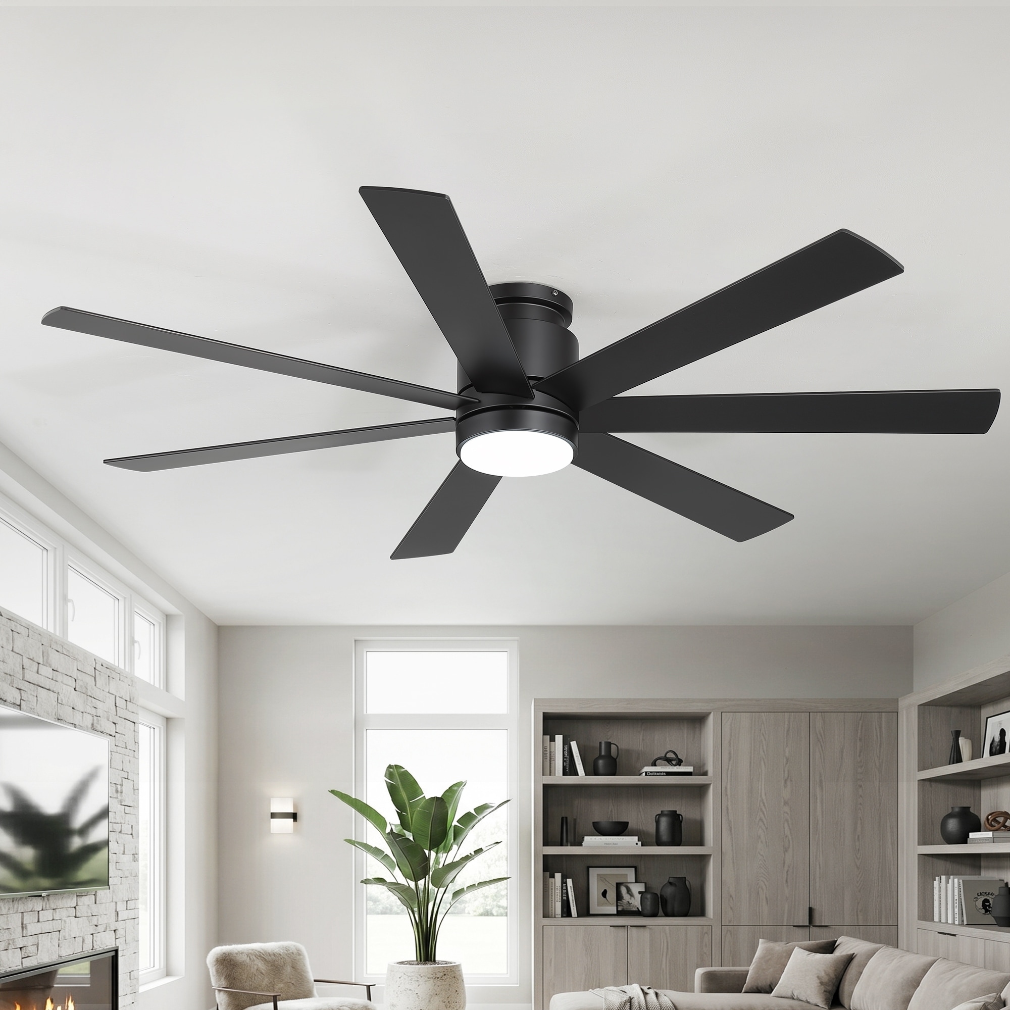 42 in/60 in Low Profile Flush Mount Ceiling Fan with Light, 6-Speed DC Motor, Black Finish Blades, 3CCT LED