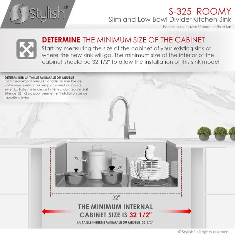 STYLISH 32 L inches x 18 W inches Stainless Steel Double Basin Low Divider Undermount Kitchen Sink with Grids and Strainers