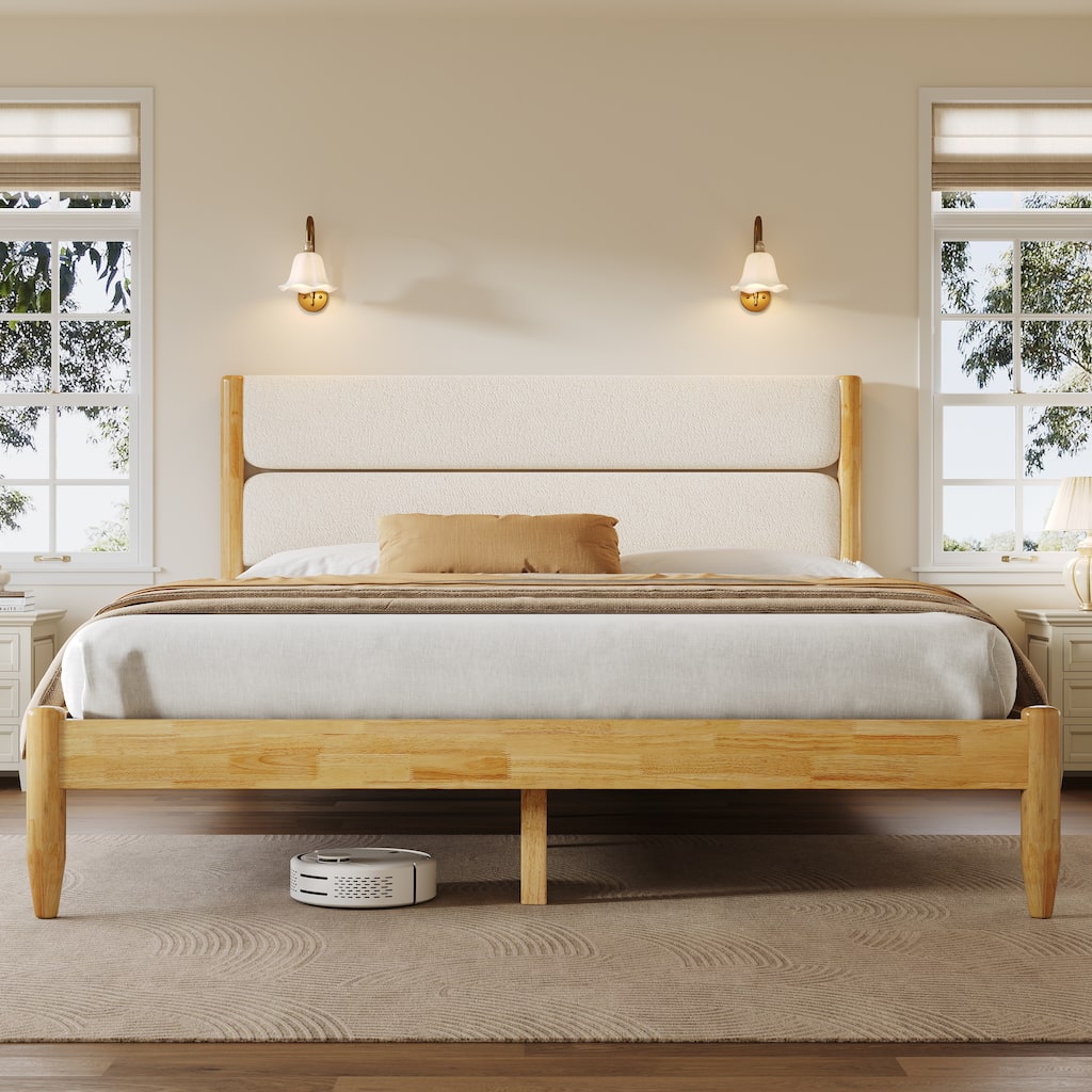 Queen Size Solid Wood Bed Frame With Fleece Upholstered Headboard, Ivory