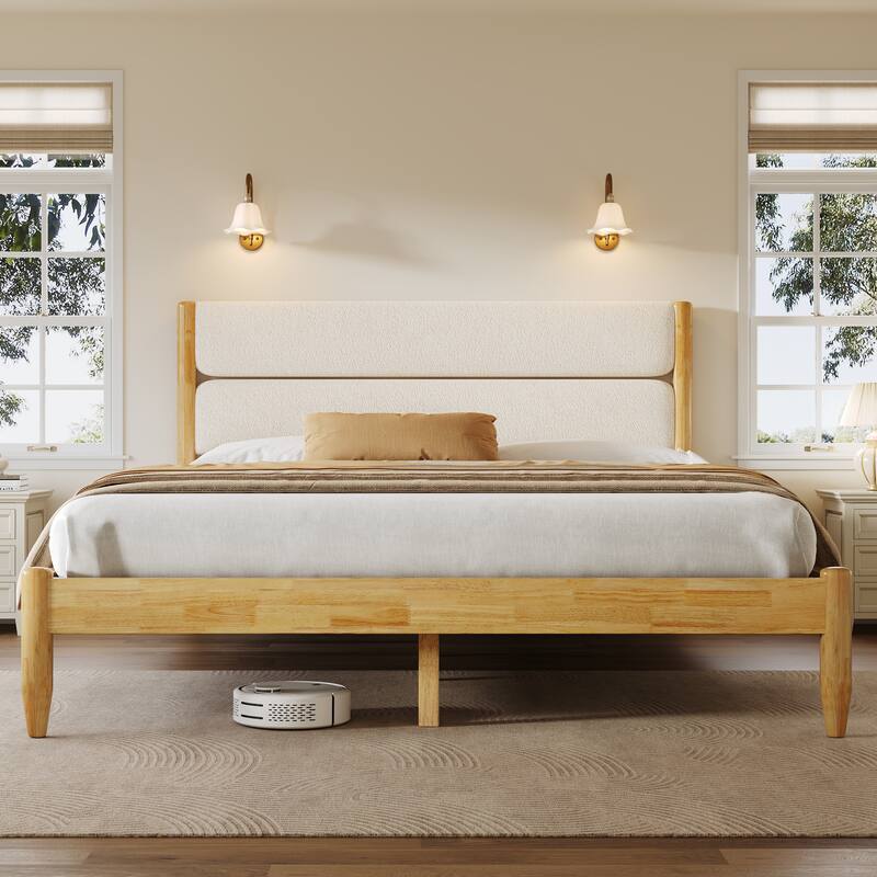 Solid Wood Platform Bed Frame with Ivory Fleece Upholstered Headboard, Wood Slats Support and Center Wood Legs