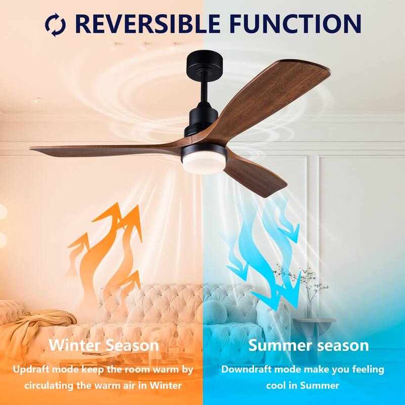 52 Inch Indoor Ceiling Fan With Dimmable LED Light 3 Solid Wood Blades Remote Control Reversible DC Motor
