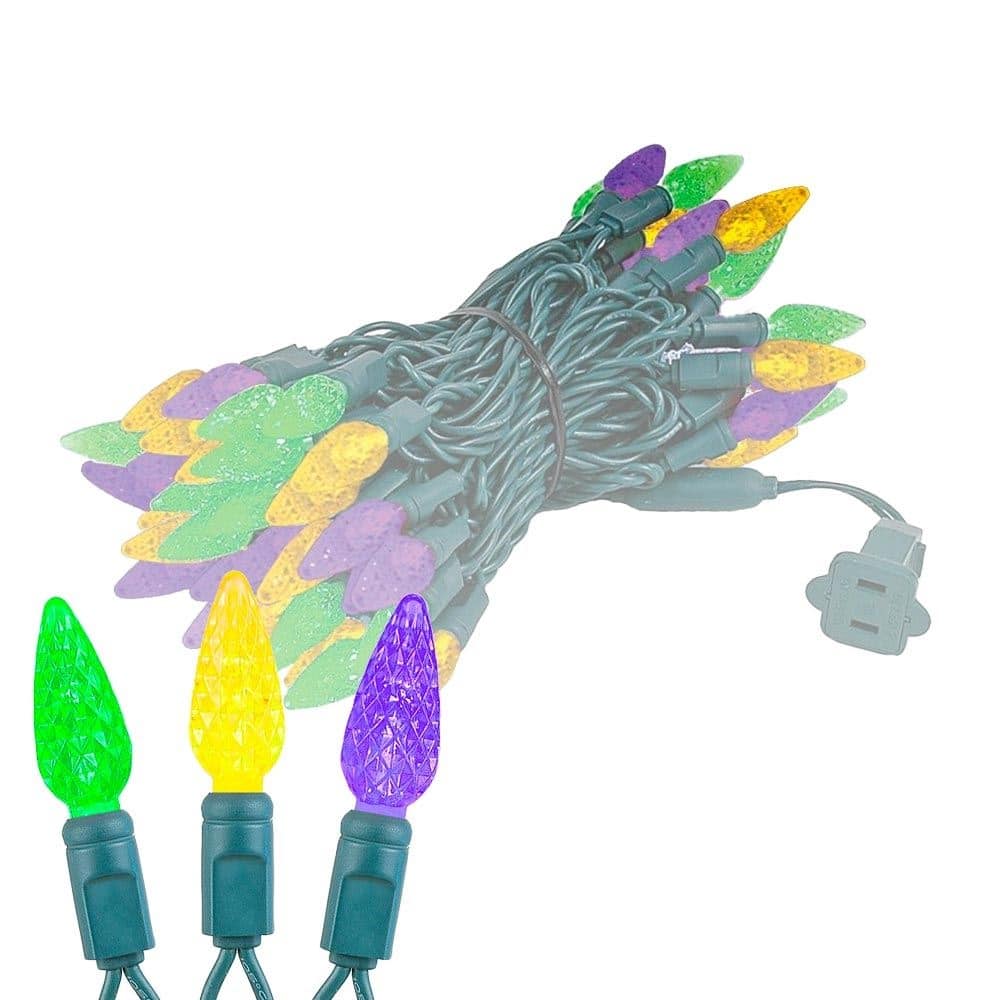 70 Light C6 LED Christmas Mini Light Set, Yellow/Purple/Green, Green Wire, 24' - Large