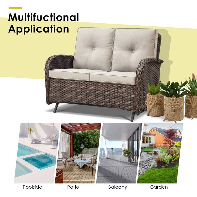 2 Seater Wicker Glider Sofa with Rattan Table - Brown