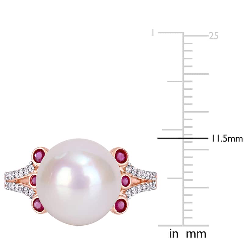 Miadora 11-12mm Cultured Freshwater Pearl 1/5ct TGW Ruby and 1/7ct TW Diamond Split Shank Ring in 10k Rose Gold