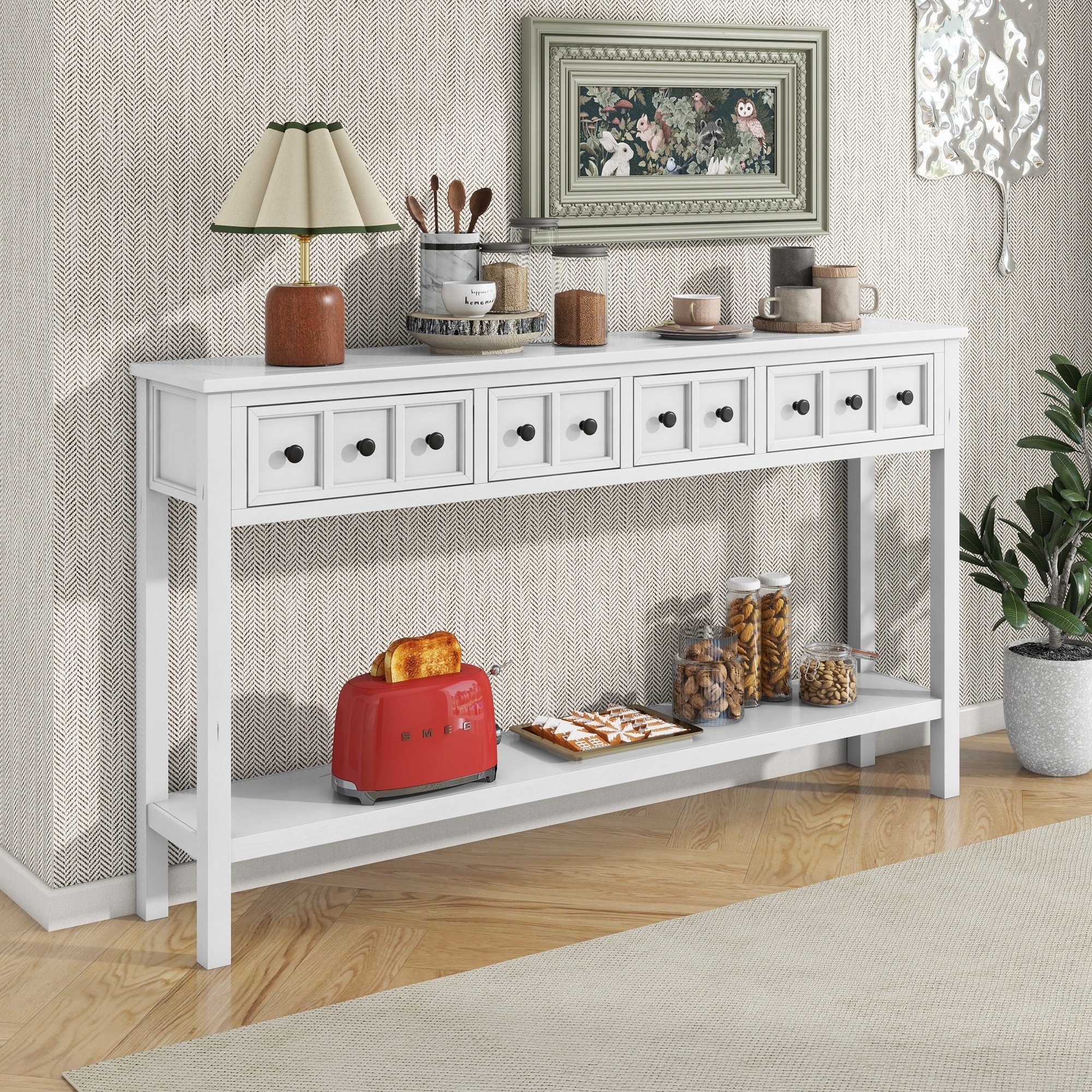 Entryway 60" Long Console Table with 2 Different Size Drawers & Bottom Shelf
