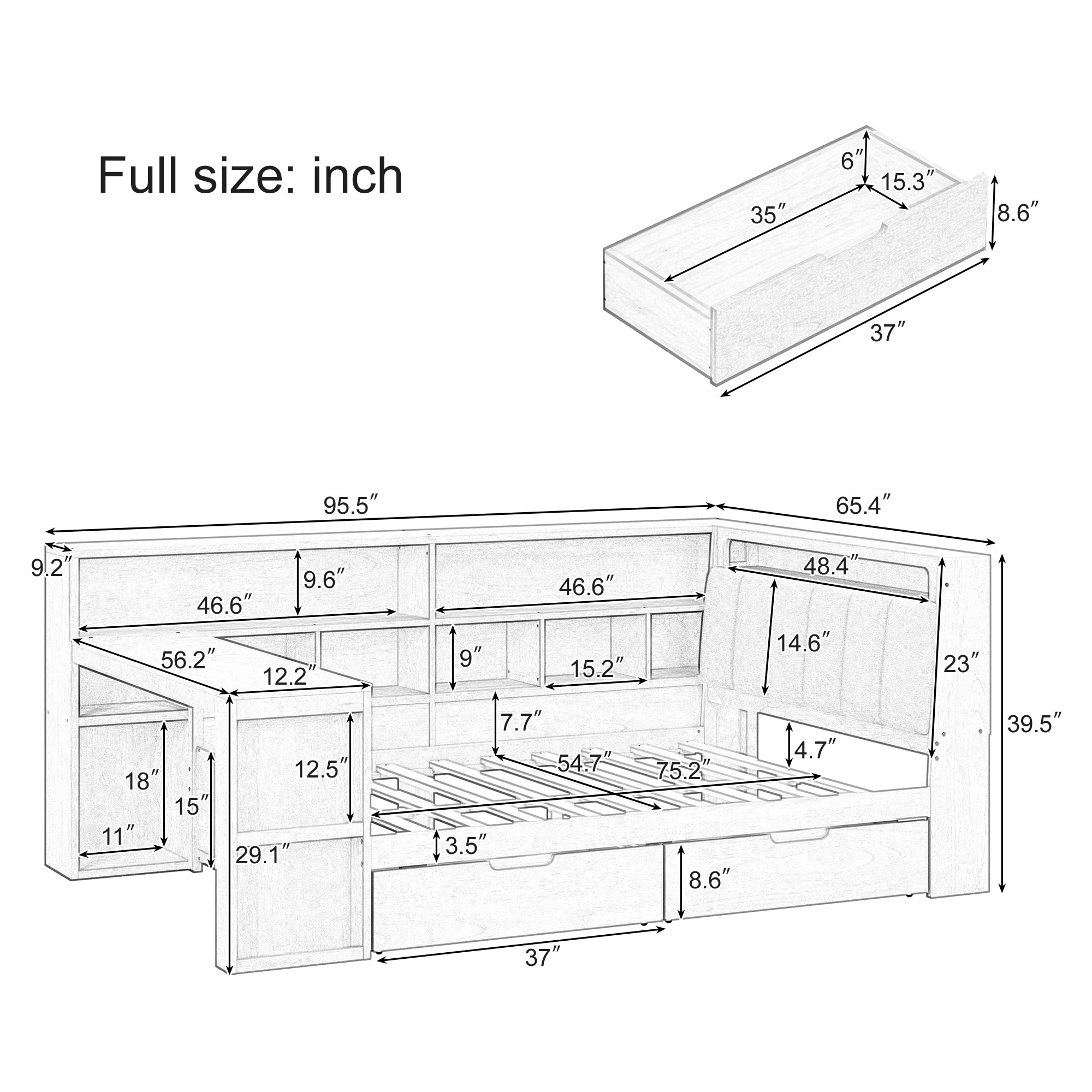 L-shaped Wooden Daybed with Desk and Bookcase, Corner Captains Bed with Upholstered Headboard, Underbed Drawers, LED Light