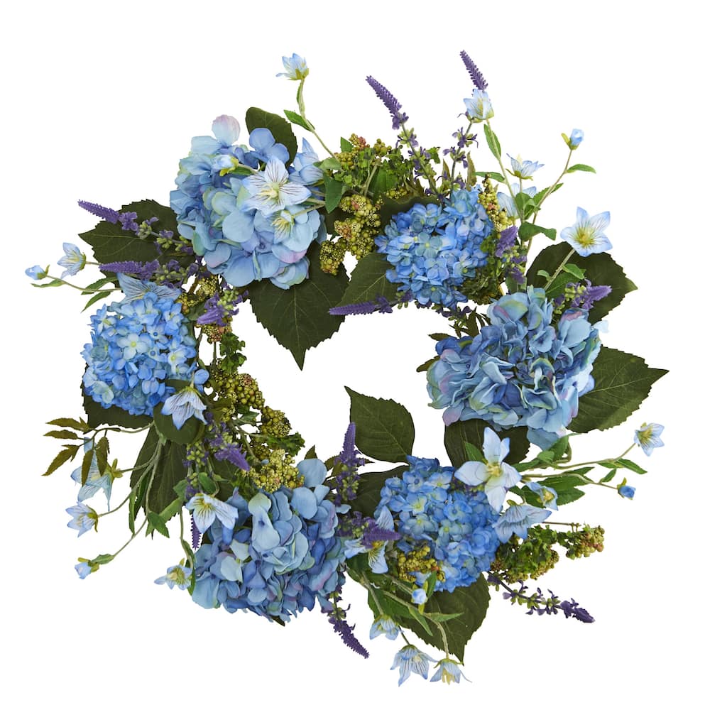 Blue Hydrangea Spring Wreath, 24-Inch, Unlit