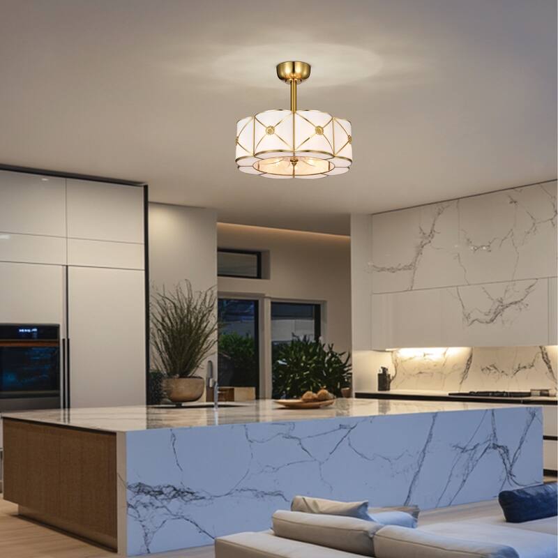 Strancta Scalloped Round White Gold Trim Tiffany Glass Lighted Ceiling Fandelier with Remote