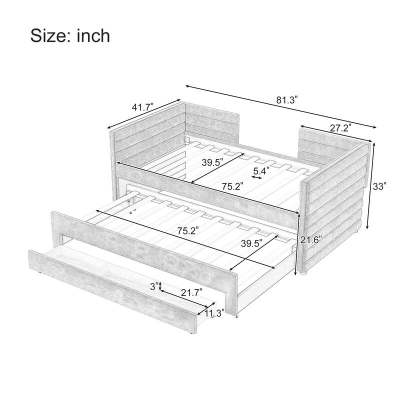 Anmytek Twin Size Upholstered Daybed with Trundle and 3 Storage Drawers, Chenille Fabric Sofa Bed