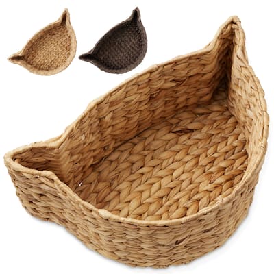 Cat Shaped Storage Basket Organizer Bin for Pet Toys Woven Hyacinth