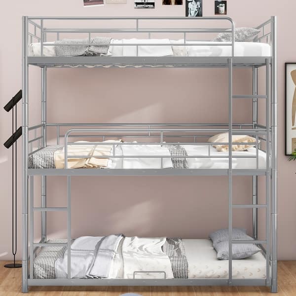 slide 2 of 20, Metal Full Size Triple Bunk Beds with Guard Rails and Ladder Silver - Full