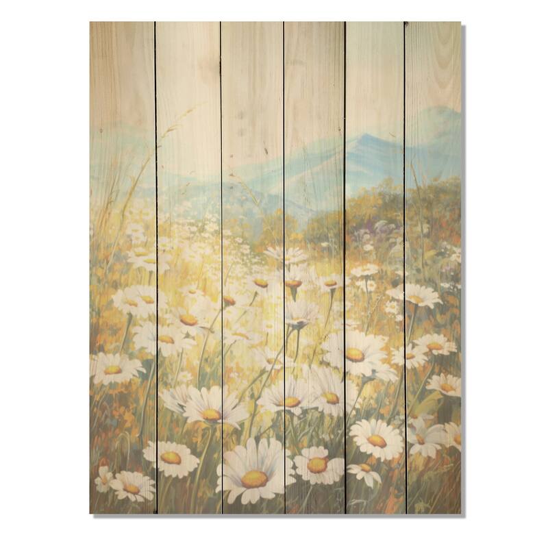 Designart "Mountain Daisies On Hill I" Flowers Wood Wall Decor - Traditional Beige Wood Panel On Natural Pine Wood
