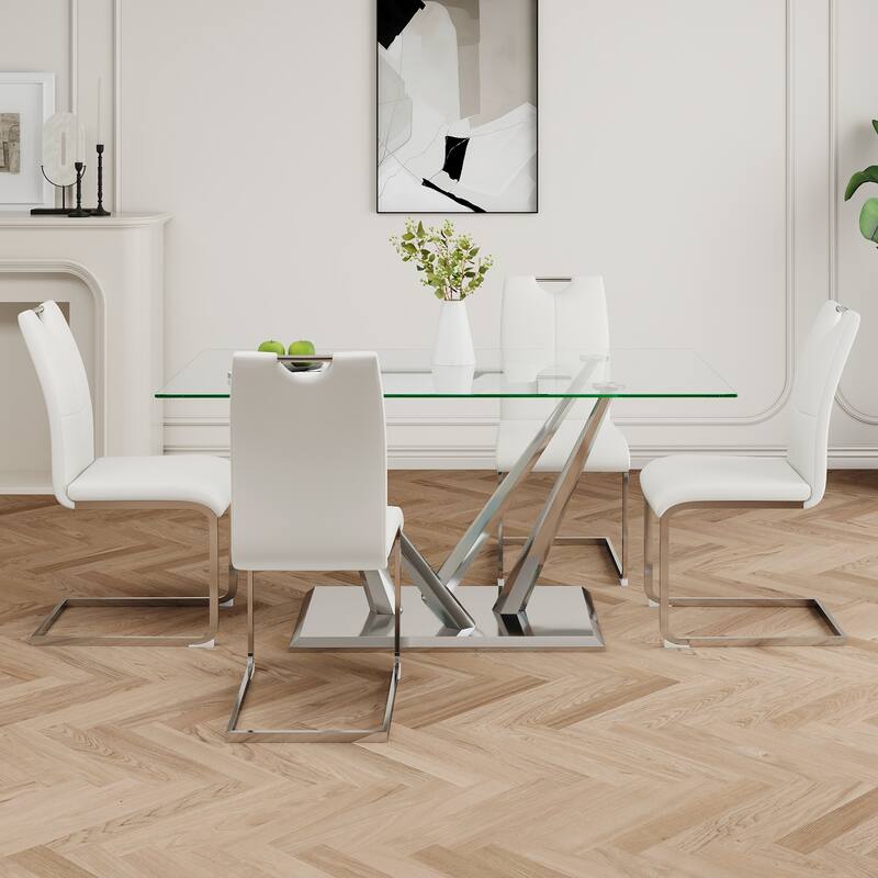 63" Glass Dining Table Set for 4, 5 Piece Dining Table and Chairs Set, Rectangular Table with 4 Faux Leather Chairs & Metal Legs