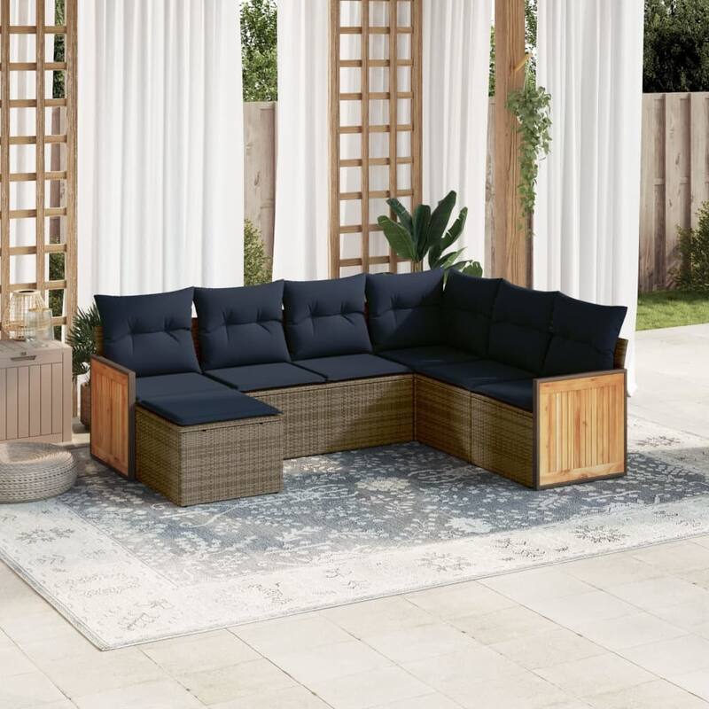 vidaXL 7/8 Piece Patio Sofa Set with Cushions Black/Gray Poly Rattan - 24.4 x 24.4 x 27.2 - Gray Without table
