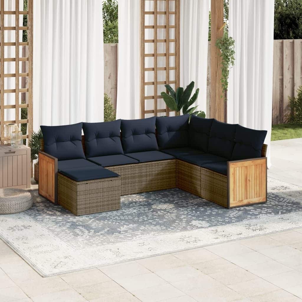 vidaXL 7/8 Piece Patio Sofa Set with Cushions Black/Gray Poly Rattan - 24.4 x 24.4 x 27.2