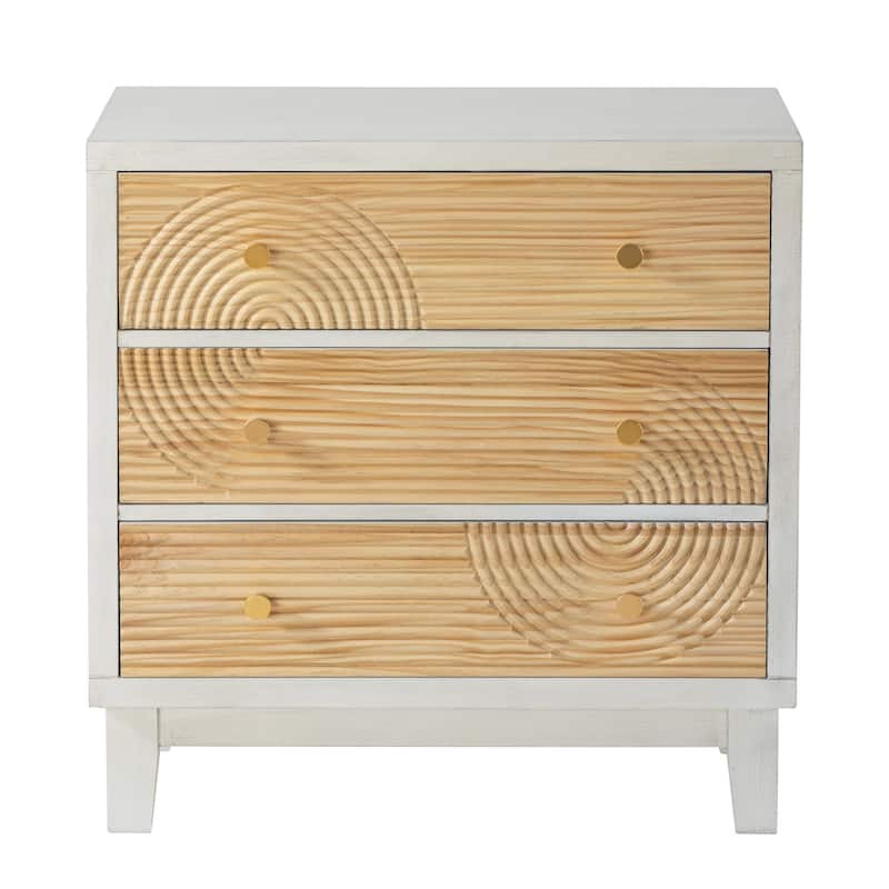 COZAYH 3-Drawer Farmhouse Dresser with Handicraft Wood Ring Motif, Rustic Nightstand Wooden Finish, Boho, Natural Wood