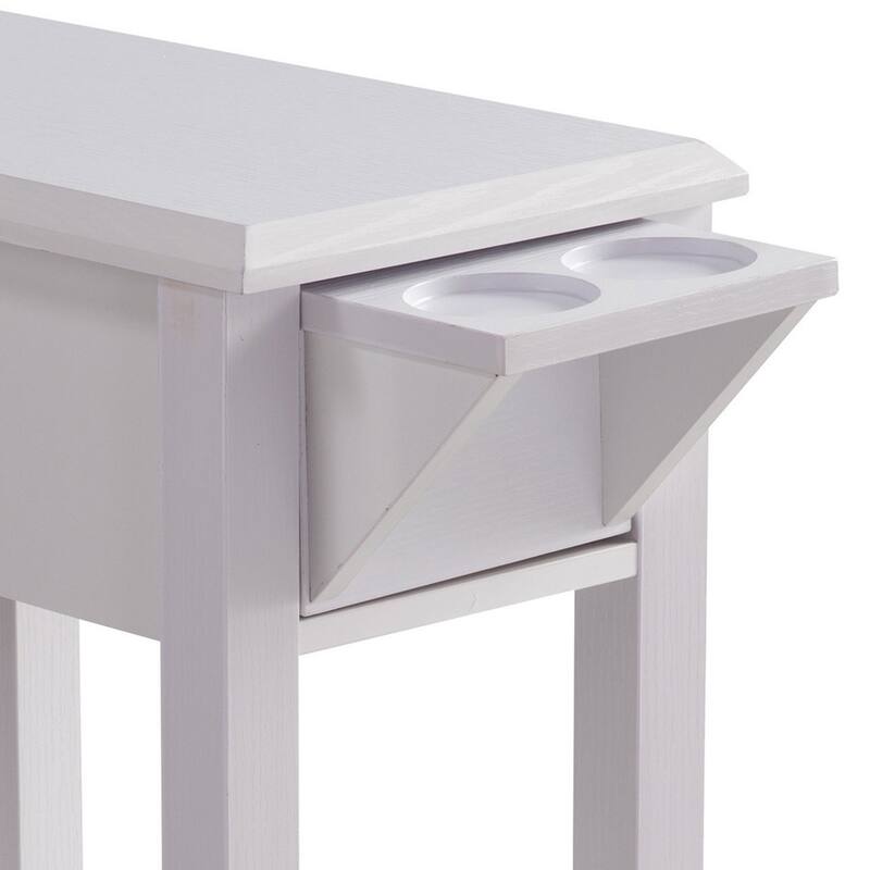 24 Inch Modern Chairside Table with Extendable Drawer and Cupholders, White