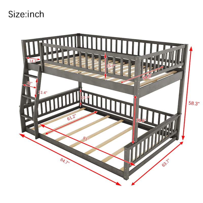 Floor Bunk Bed with Ladder and Guardrails, Full XL Over Queen Bed