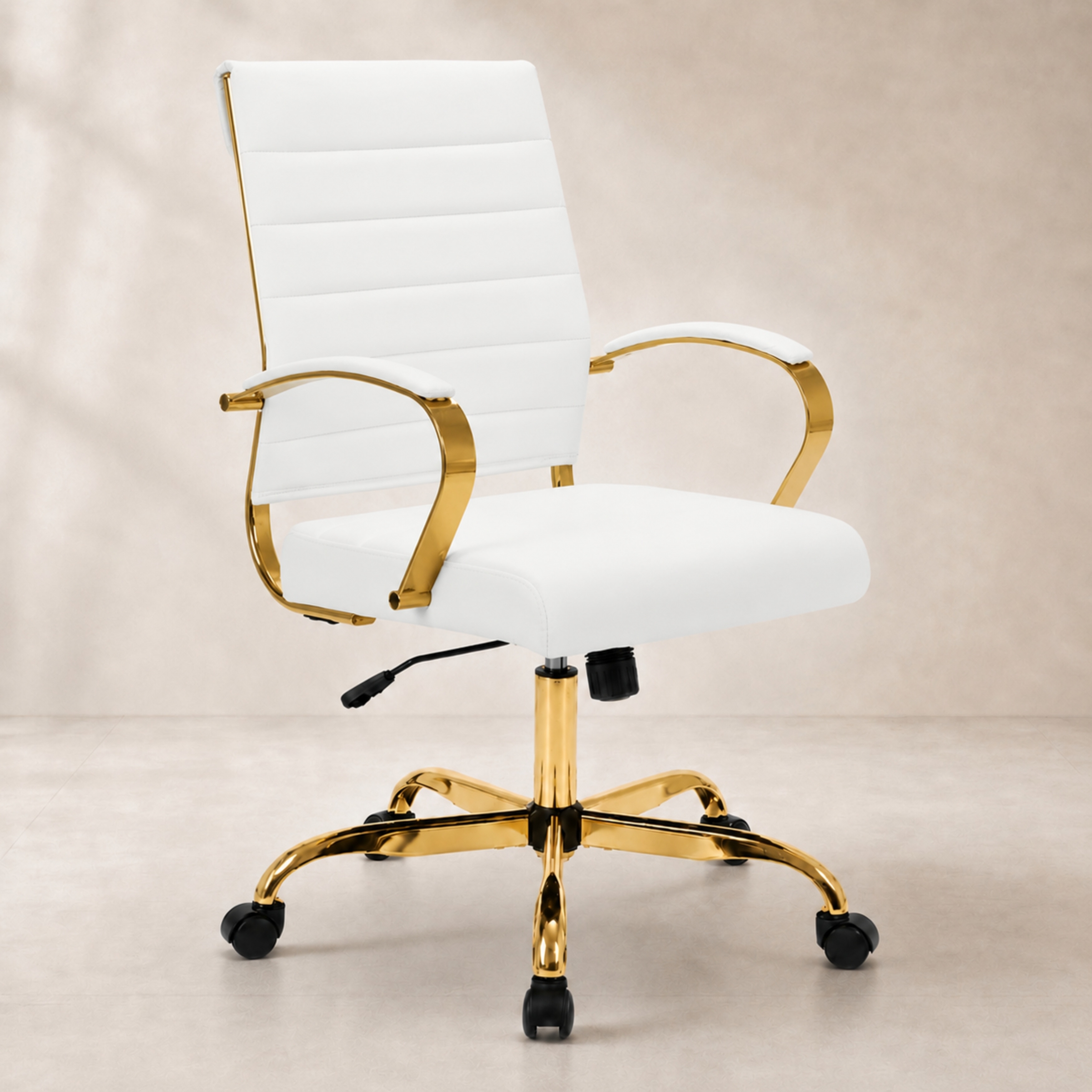 Benmar Ribbed PU Leather Office Chair - Ergonomic Swivel Desk Chair - Chrome Gold Steel Base Executive Computer Seat
