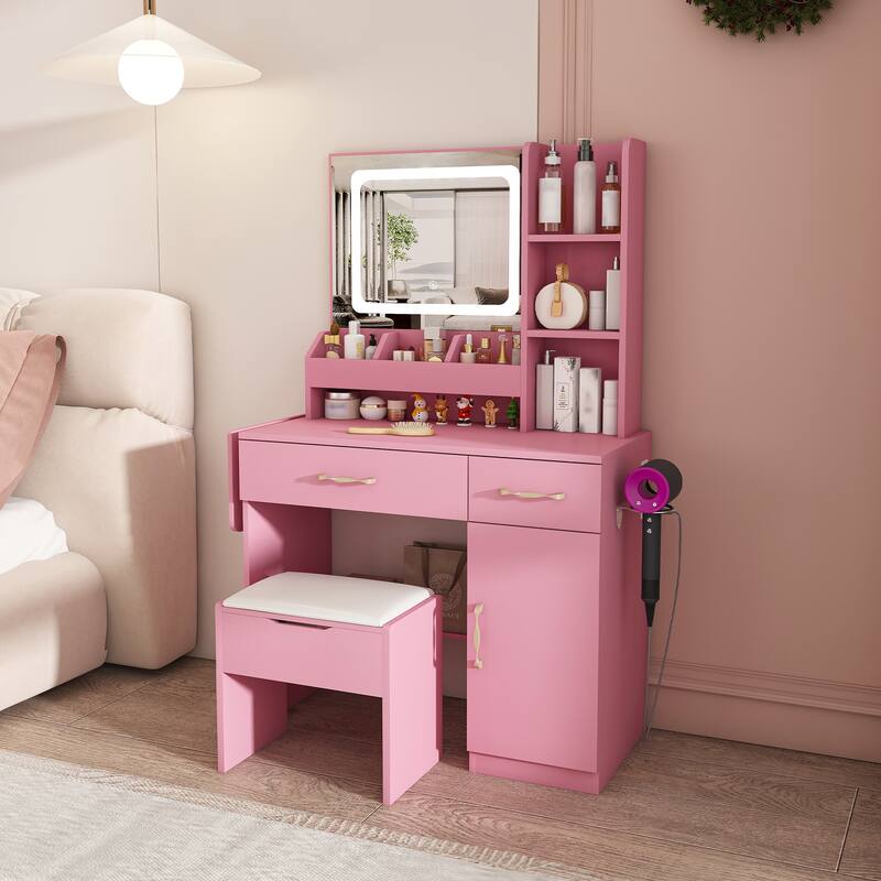 Vanity Desk with LED Mirror & Power Outlet, Makeup Dressing Table
