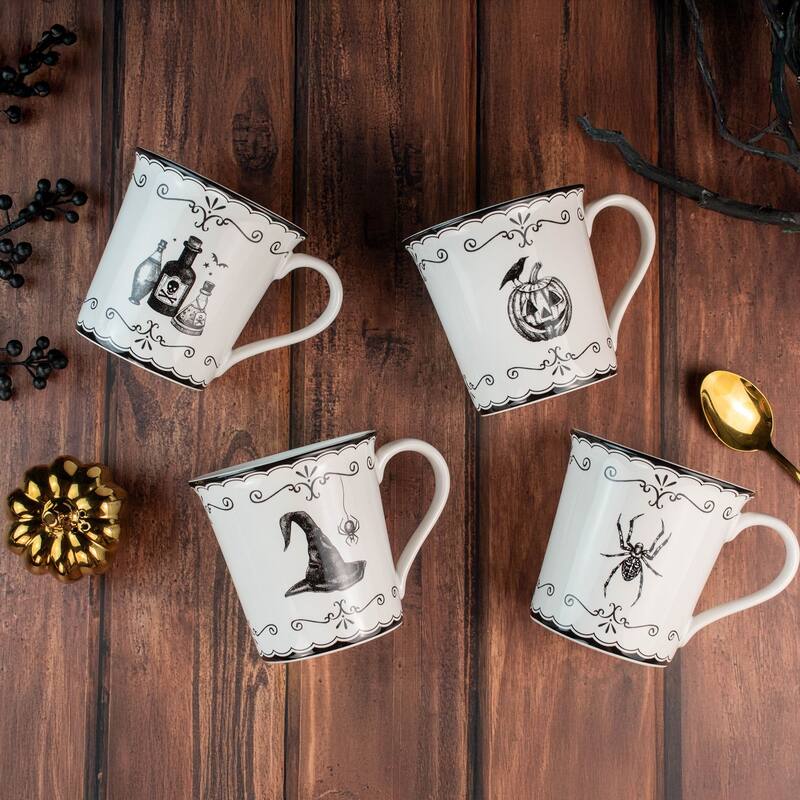 222 Fifth Elegant Haunting 4-Piece White Porcelain Halloween Mug Set - Witch Hat, Jack-o'-Lantern, Potion & Spider - 20.29 oz