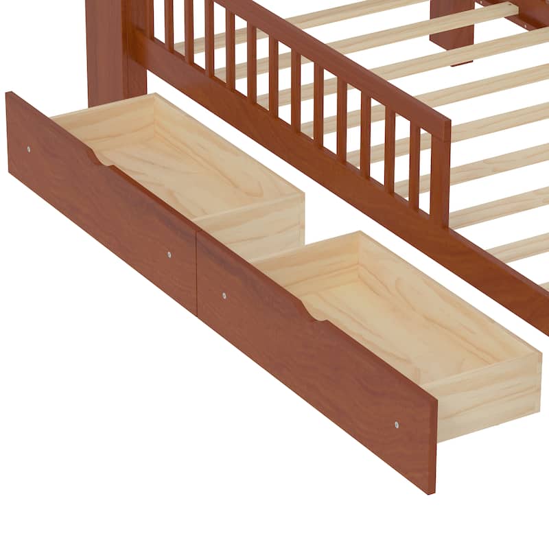 Twin Size Platform Bed with Built-In Headboard Shelves, Safety Guardrails & 2 Storage Drawers, Space-Saving Wood Frame