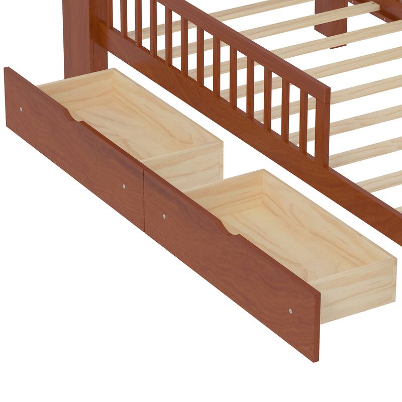 Twin Wood Storage Bed with 3-Side Guardrails, Underbed Drawers & Headboard Storage