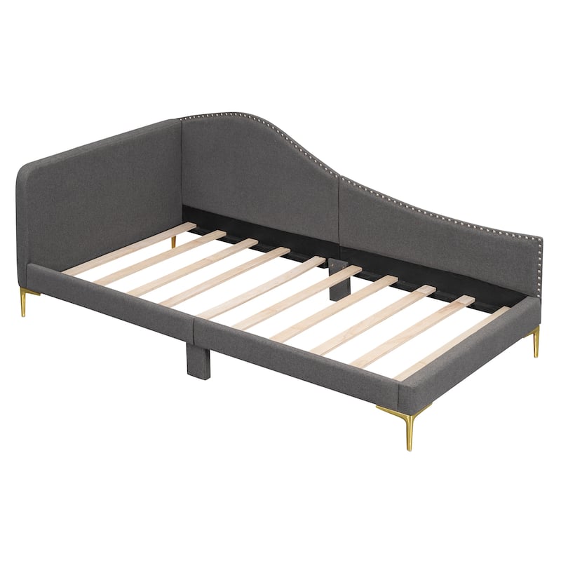 Linen Upholstered Daybed Frame with Metal Support Legs, Wave-Shaped Armrest and Nailhead Trim Backrest, Twin Size Platform Bed
