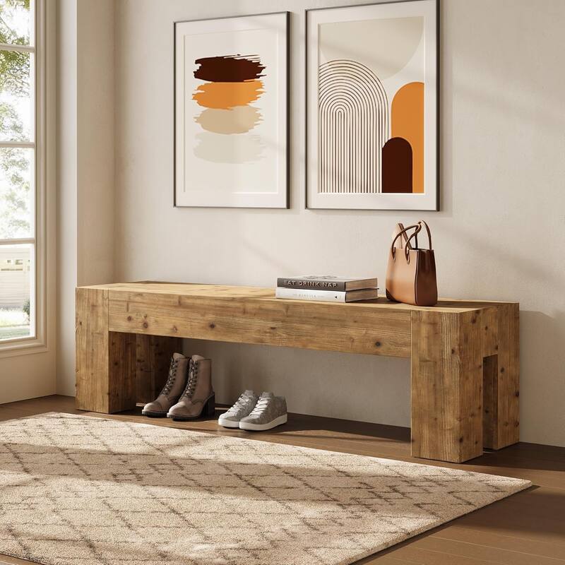Solid Wood Bench, 47" Rustic Extra Long Heavy Duty Entryway Bench - Walnut