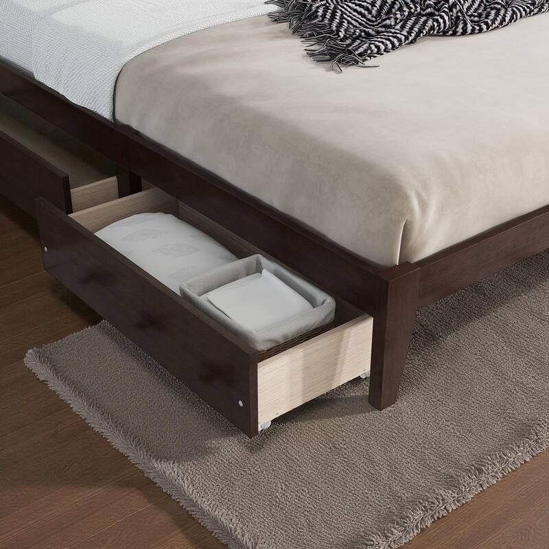 Full/King Size Rubber Wood Bed with Rattan Headboard and 2 Storage Drawers, Solid Frame with Reinforced Support Slats and Feet