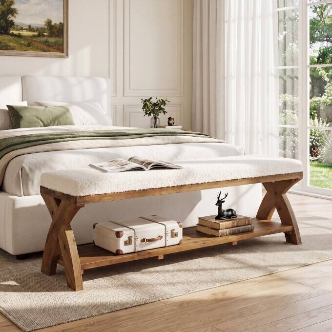 55" Solid Wood End of Bed Bench, 2-Tier Upholstered Dining Bench