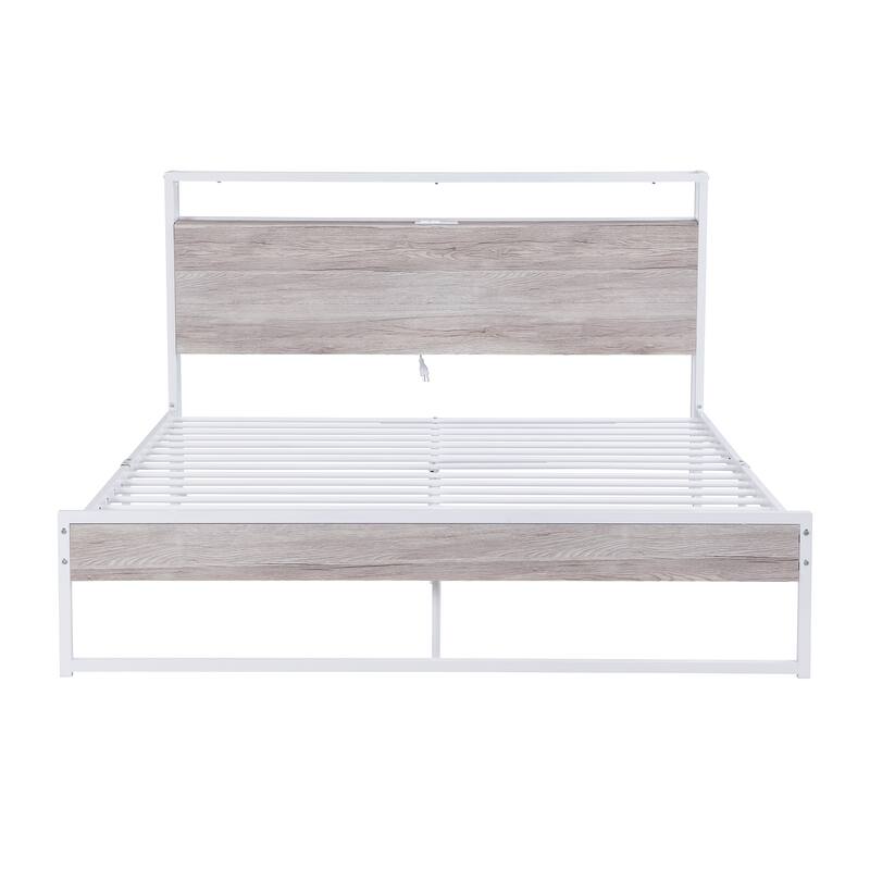 Queen Size Metal Platform Bed Frame with Sockets
