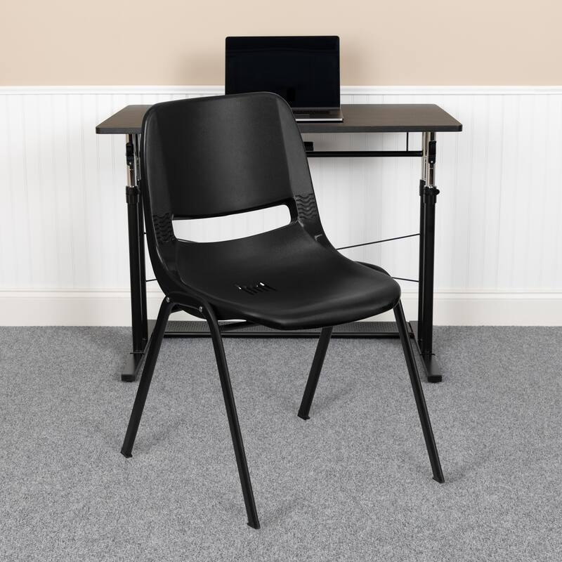 5 Pack 661 lb. Capacity Ergonomic Shell Stack Chair - Black Plastic/Black Frame