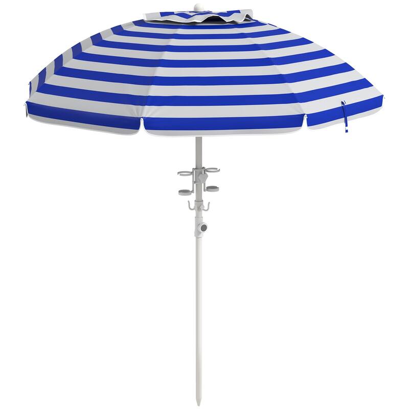 5.7' Portable Beach Umbrella with Tilt, Adjustable Height, UV 40+ Protection, Vented Canopy & Cup Holders - Blue White Stripe