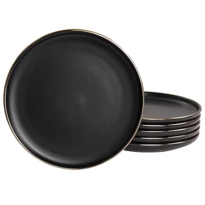 Elama Paul 6 Piece Stoneware Salad Plate Set in Matte Black with Gold Rim - 8 Inches