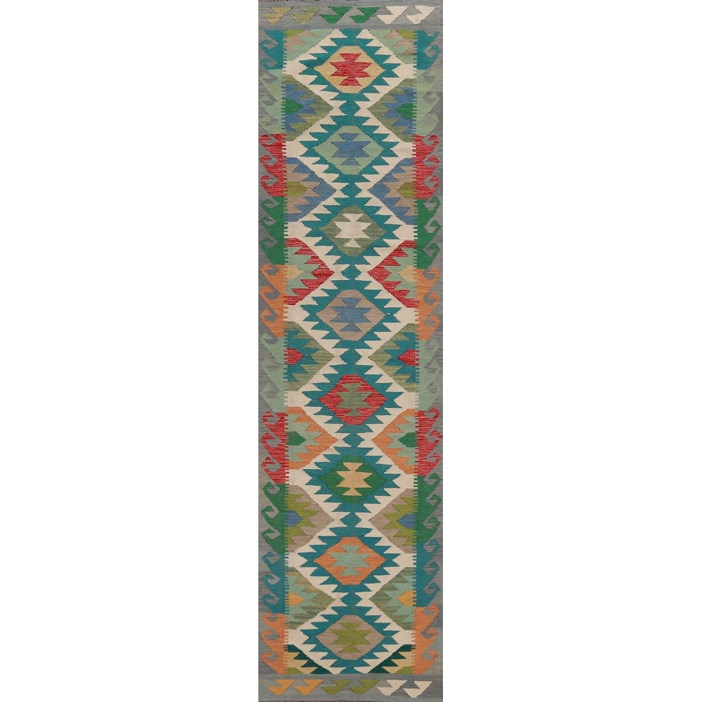 Hand Woven Oriental 100% Wool Carpet Southwestern Geometric Green Kilim Runner Rug - 13' 1'' X 2' 7''