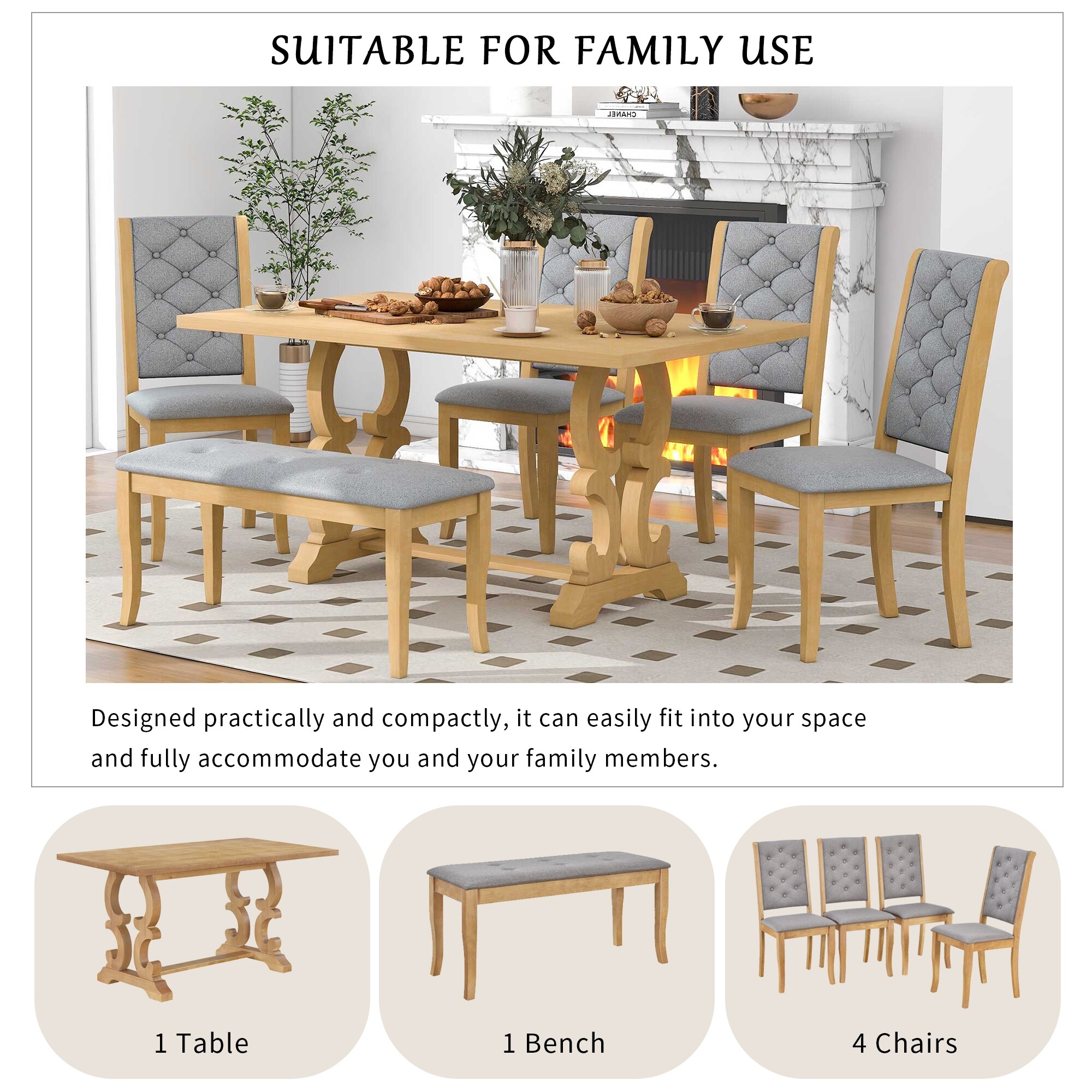 Modern Vintage 6 Piece Dining Set with Rectangular Dining Table
