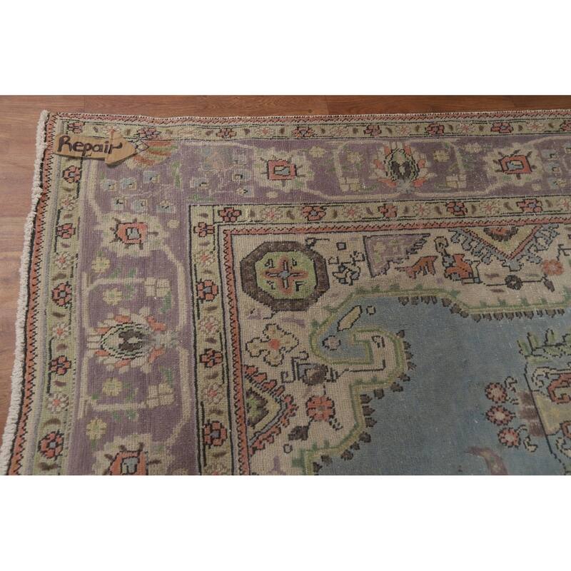 Hand Knotted Oriental 100% Wool Carpet Traditional Medallion Navy Blue & Blues Tabriz Area Rug - 9' 7'' X 6' 6''