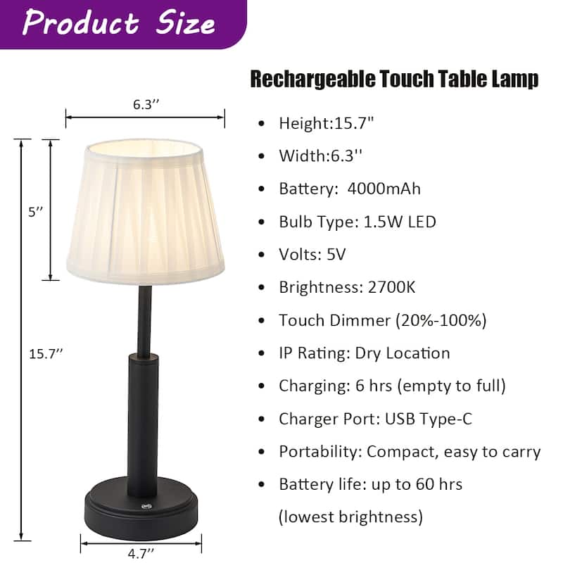 CraftHome 16'' Modern Fabric Shade Rechargeable LED Table Lamp Touch Control Cordless USB Nightstand Lamp with Stepless Dimming