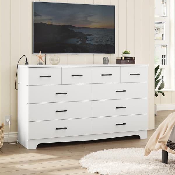 Bedroom Dresser 10 Drawers TV Stand Power Outlets Chest of Drawers