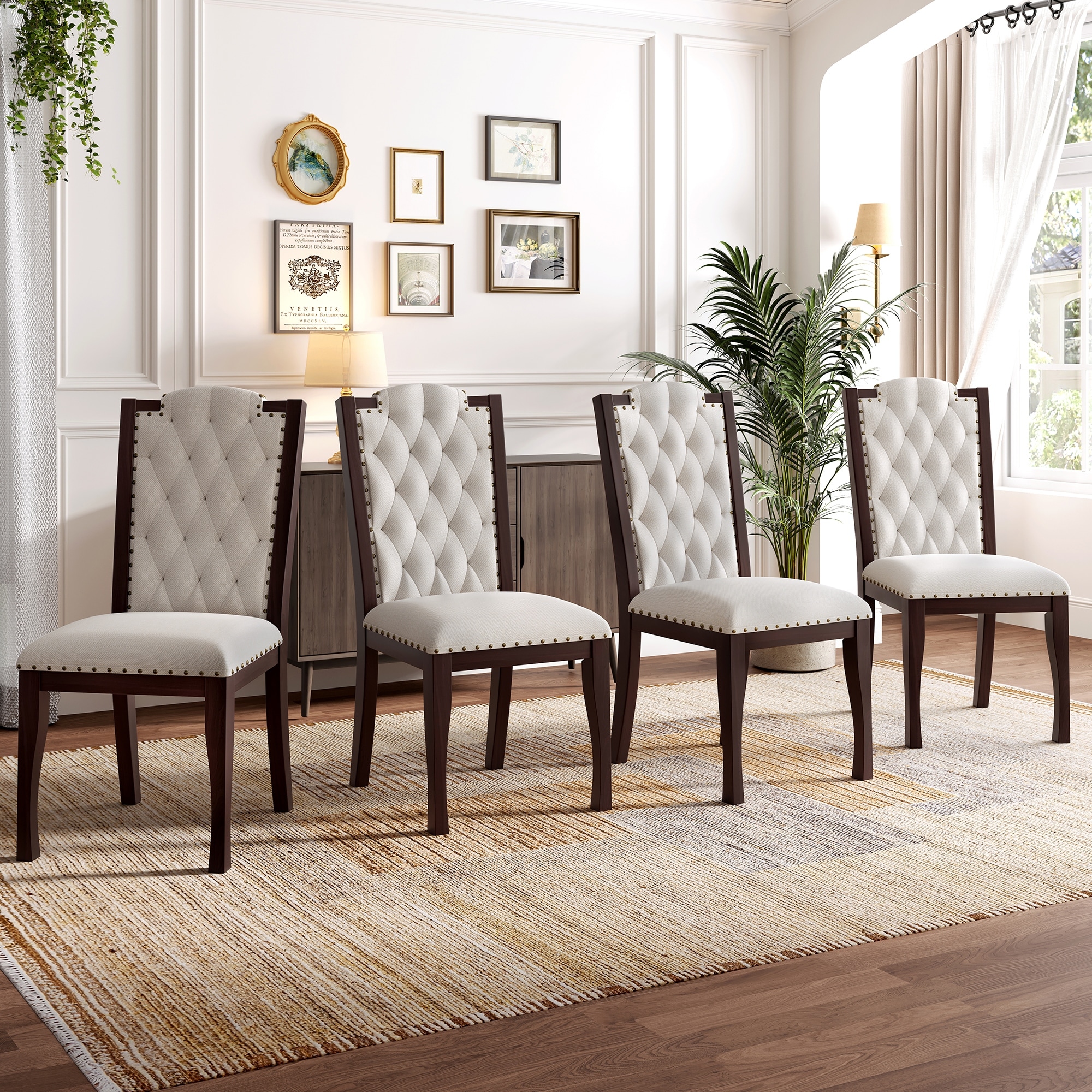 High Back Dining Chairs Set of 4, Upholstered Tufted Kitchen Chairs with Solid Wood Legs and Nailhead Trims