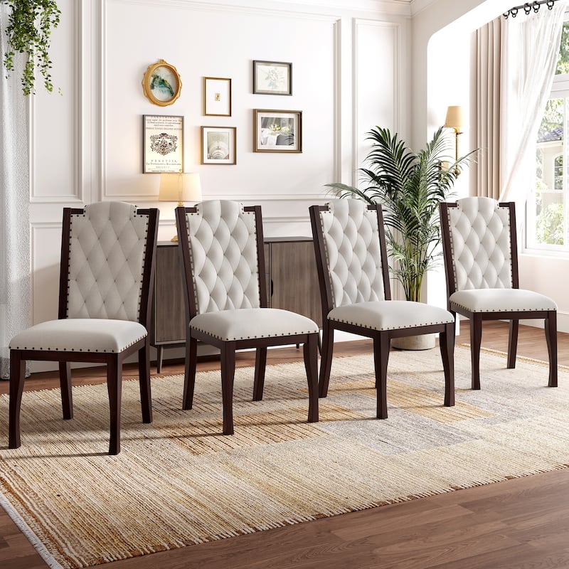 Retro Light Luxury Dining Chair High Back Diamond Button Tufted Dining Chair with Nail Head Trim, for Dining Room, 4-Piece Set