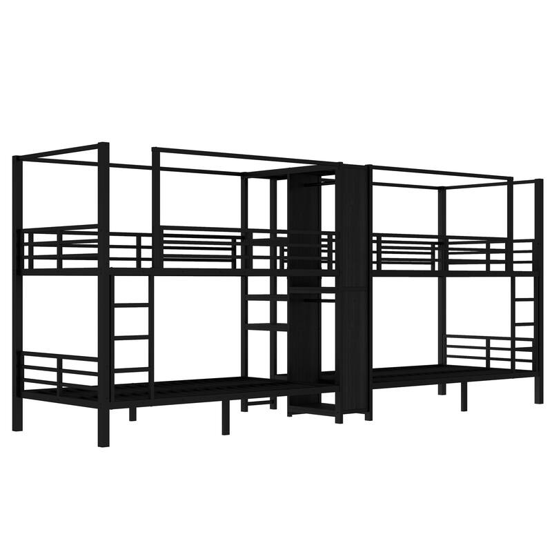 Roomfitters Twin/Full/Queen Quadruple Metal Bunk Bed with Built-in Storage Shelves & Wardrobe, Sturdy Noise-Reduced Frame, Black
